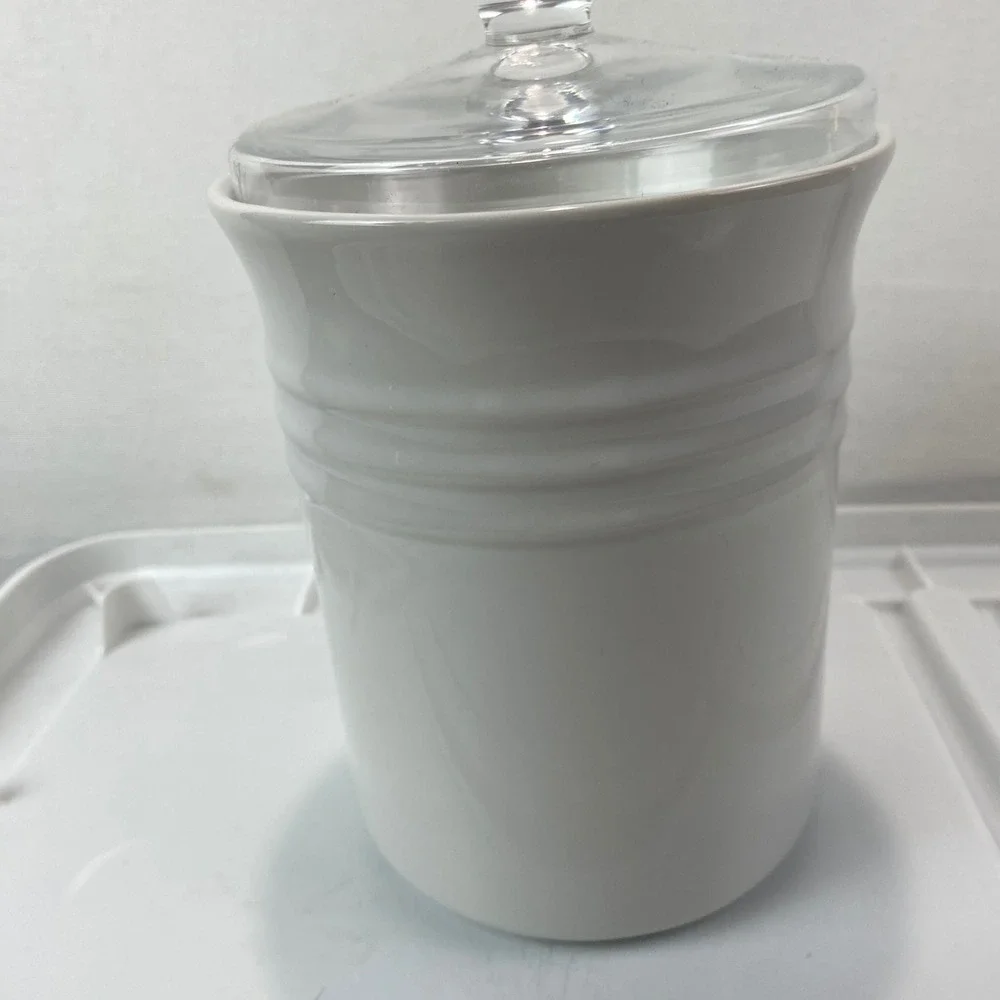 Le Creuset White Stoneware Canister Clear Glass Lid Tool Crock 7in